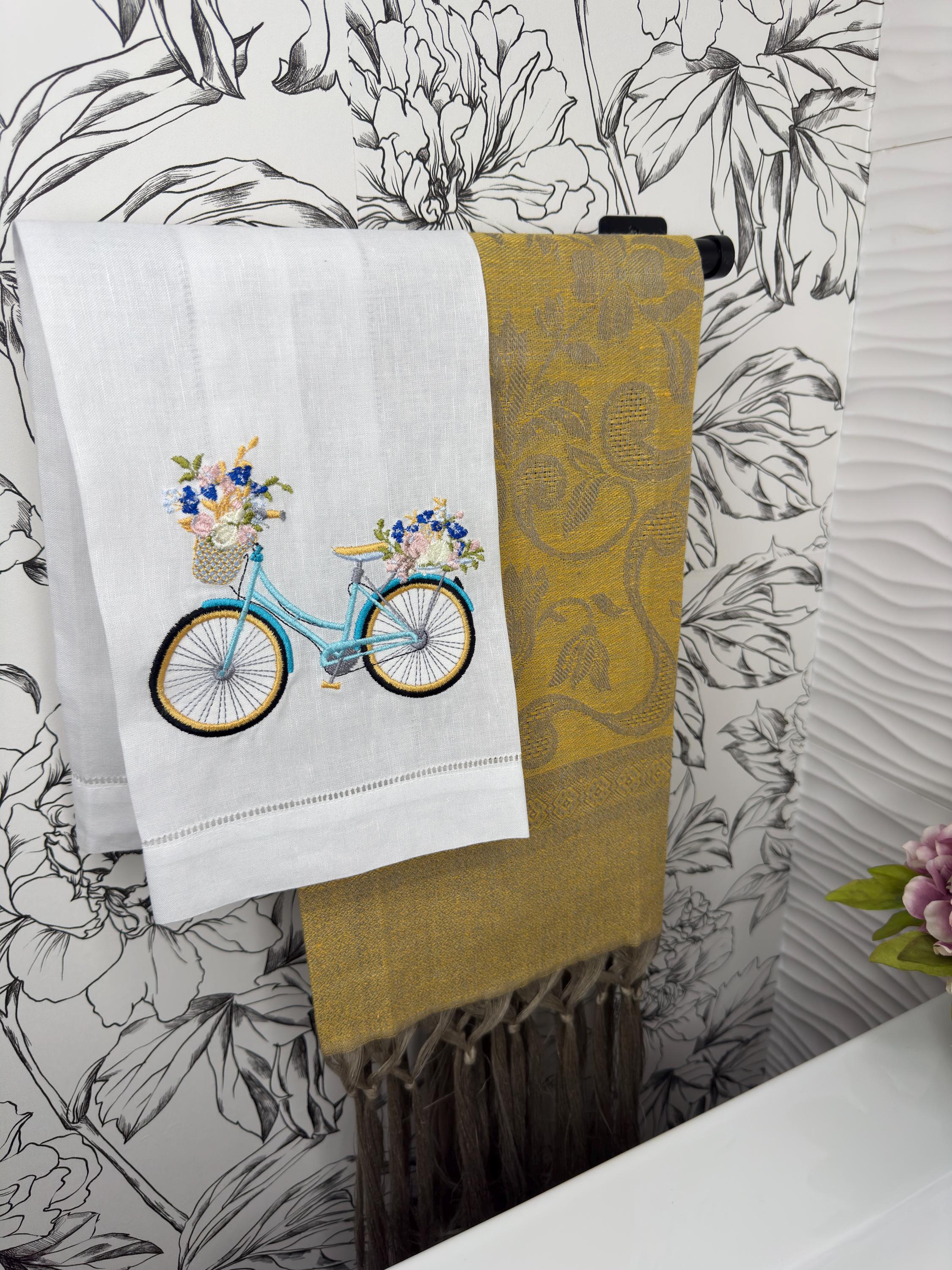 Bicycle & floral basket embroidered towel Personalized towel embroidered girls bike and flower basket towel bathroom decor unique gifts