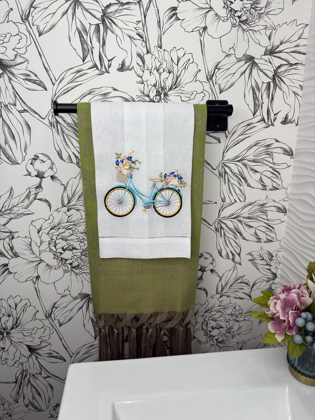 Bicycle & floral basket embroidered towel Personalized towel embroidered girls bike and flower basket towel bathroom decor unique gifts