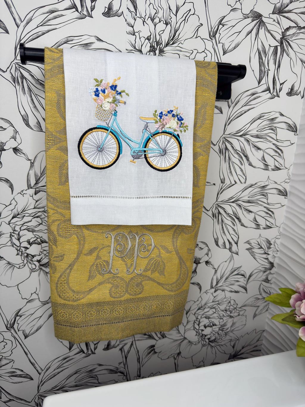 Bicycle & floral basket embroidered towel Personalized towel embroidered girls bike and flower basket towel bathroom decor unique gifts