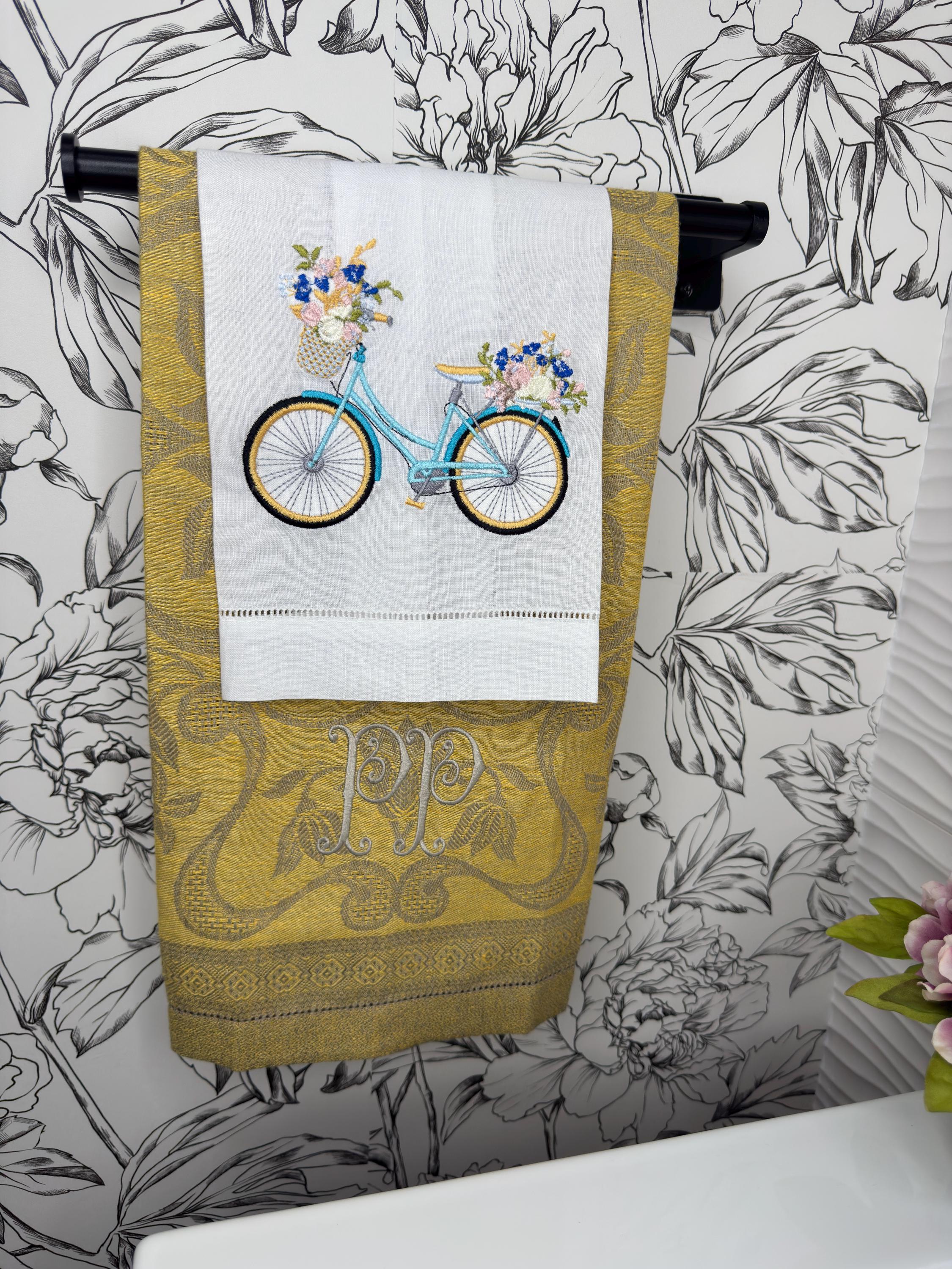 Bicycle & floral basket embroidered towel Personalized towel embroidered girls bike and flower basket towel bathroom decor unique gifts